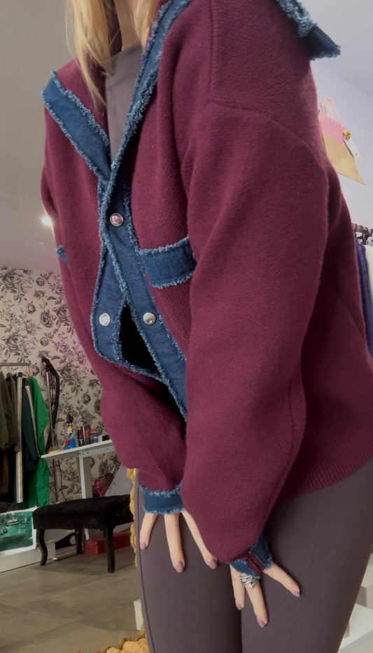 Gilet bordeaux à finitions denim